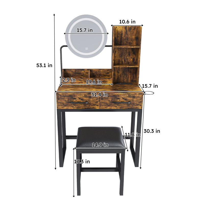 Makeup Vanity With Round LED Mirror, 3 Color Modes, Power Outlet, 2 Drawers, Metal Legs & Chair – Compact And Stylish Dressing Table For Bedroom