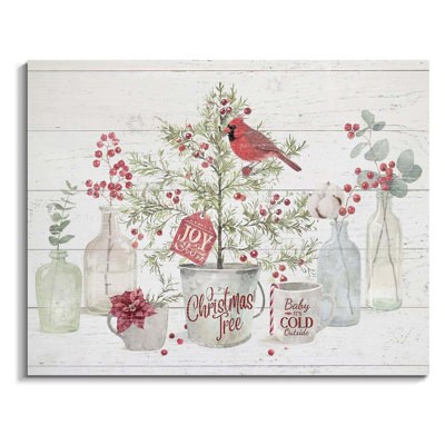 Art mural de Noël arbre de Noël avec baies rouges, peinture mignonne cardinal sur une branche, décoration murale, vacances d'hiver, impressions sur toile