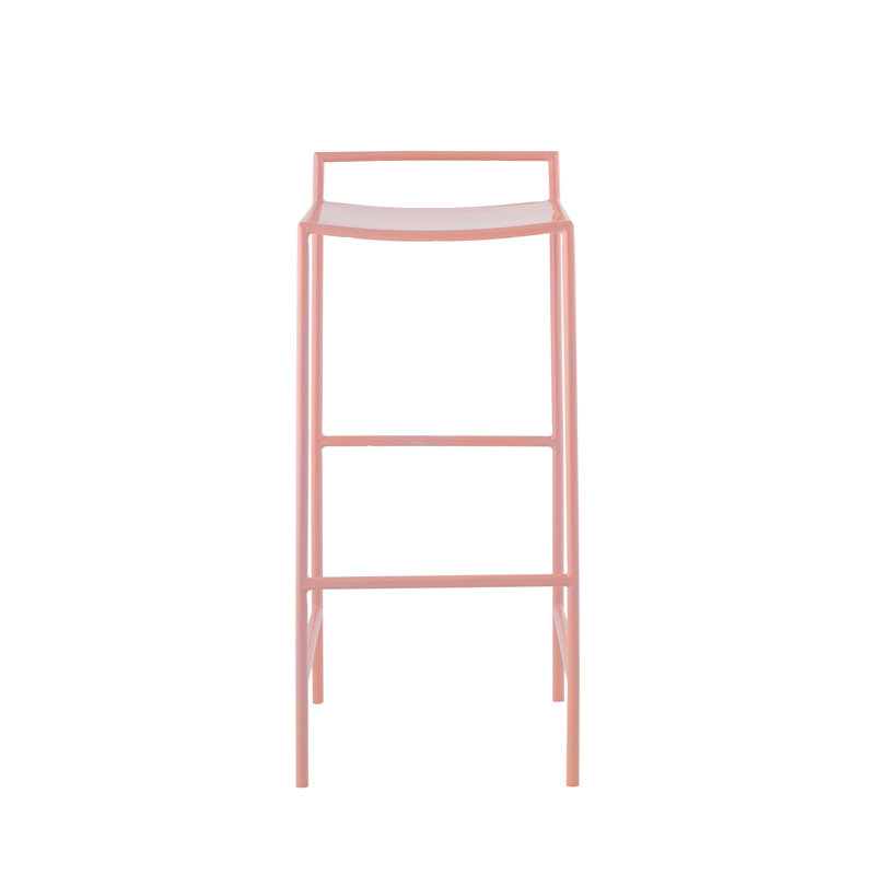 Svelte Minimalist 29.5" Seat Height Pink Metal Armless Low Back Bar Stool with Integrated Footrest for Kitchen Islands and Home Bars