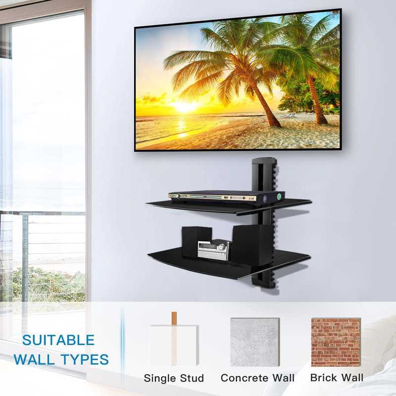 Glass Floating Shelves, TV Wall Mount with Shelf for DVD Player / PS4 / Cable Boxes/Game Consoles/Sky Box