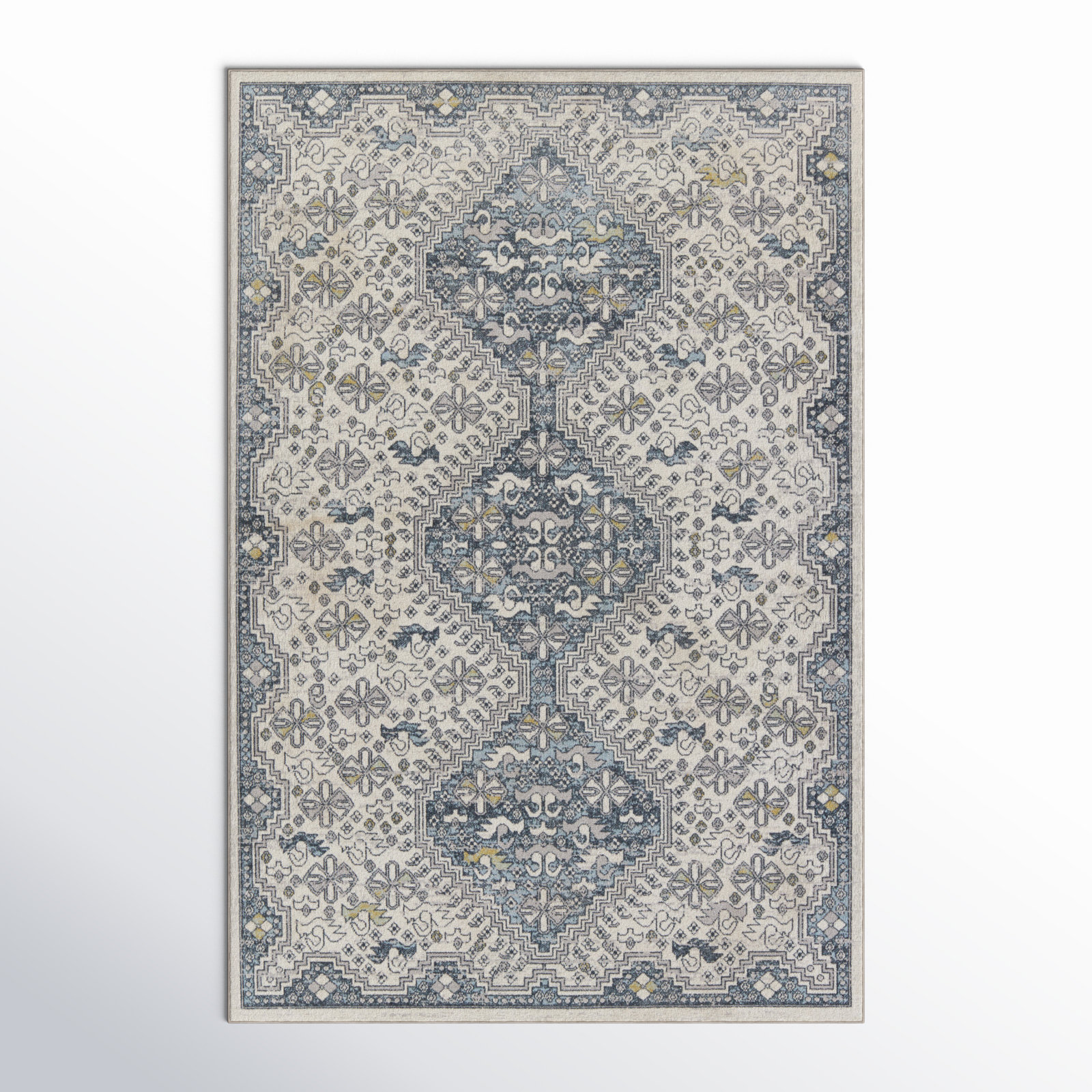 Phoebe Cream Blue Machine Washable Oriental Rug, Rectangle 2' x 3'
