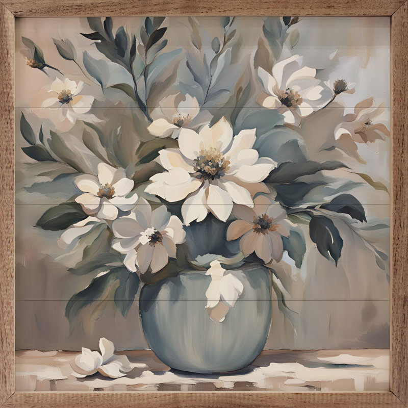Fleurs bleues et brun clair dans un vase encadré sur bois, H 16 po x l 16 po