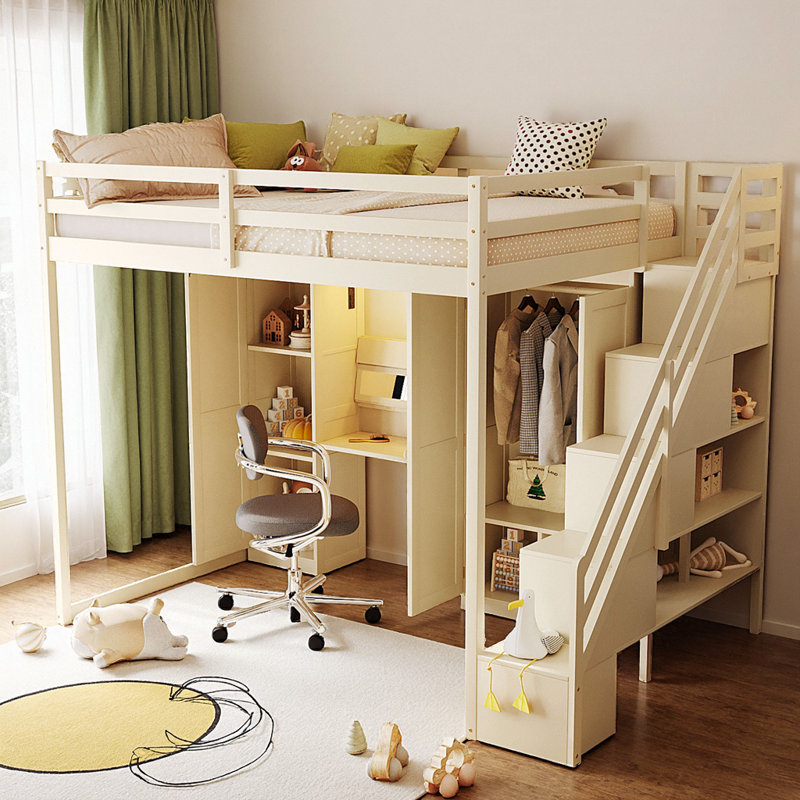 Smart Full Size Loft Bed with Storage Stairs, Built-In Study Desk, Wardrobe & Mood Lighting - Ultimate Space Saver!, Beige