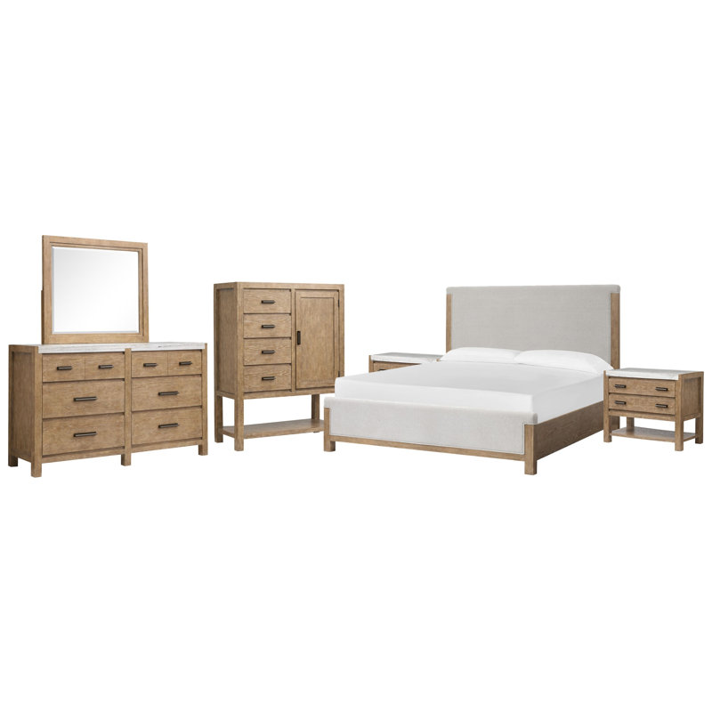 Très grand lit tapissier Wilmot, 6 Pcs:Bed,2 Nightstand,Dresser,Mirror,Door Chest, Très grand