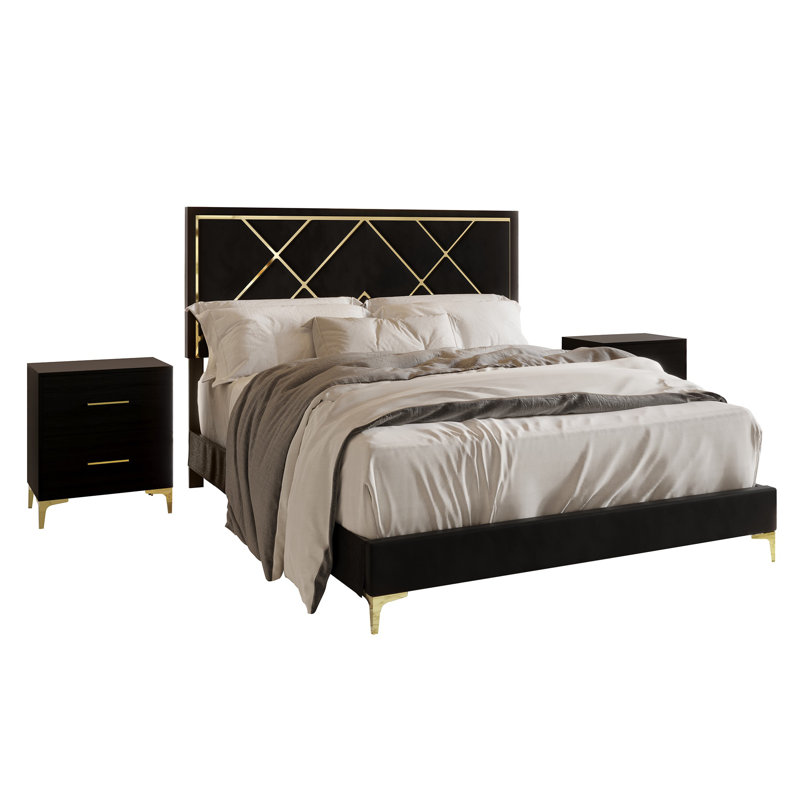 Lausyn Upholstered Standard 3 Piece Bedroom Set, Black, Queen