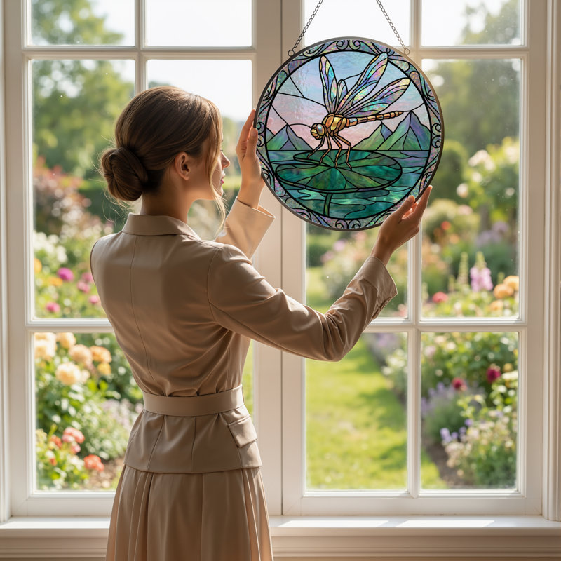 7.8"H Dragonfly Landscape Stained Glass Window Panel, 7.8" H x 7.8" W