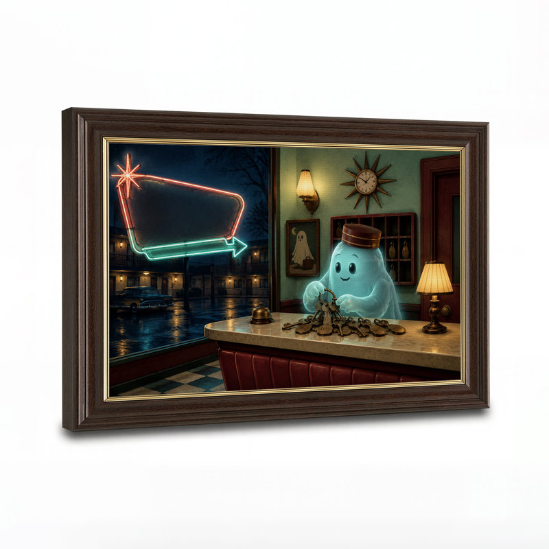 Un groom fantôme bleu lumineux avec des clés, une toile murale rétro pour l'Halloween, H 16 po x l 24 po