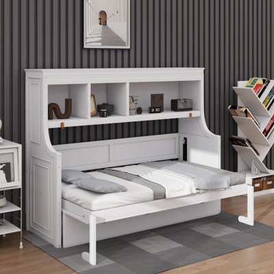 Wall-Mounted Twin Murphy Bed Featuring Open Shelving & Integrated Desk, Wooden Space-Efficient Hidden Cabinet