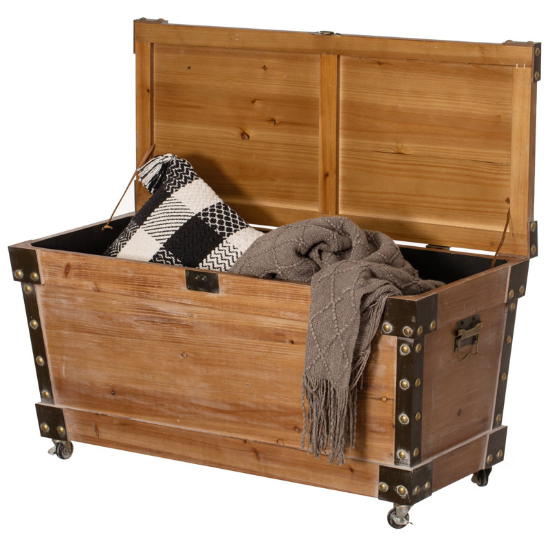 Banc de rangement en bois Vintiquewise avec roulettes et accents en métal noir