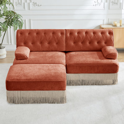 En forme de L 2 avec jupe à pampille, velours rouge-brun, combinaison, tissu molletonné, carré légèrement incurvé, base en bois, facile à assembler, modulaire pour salon et chambre à coucher, design, respirant