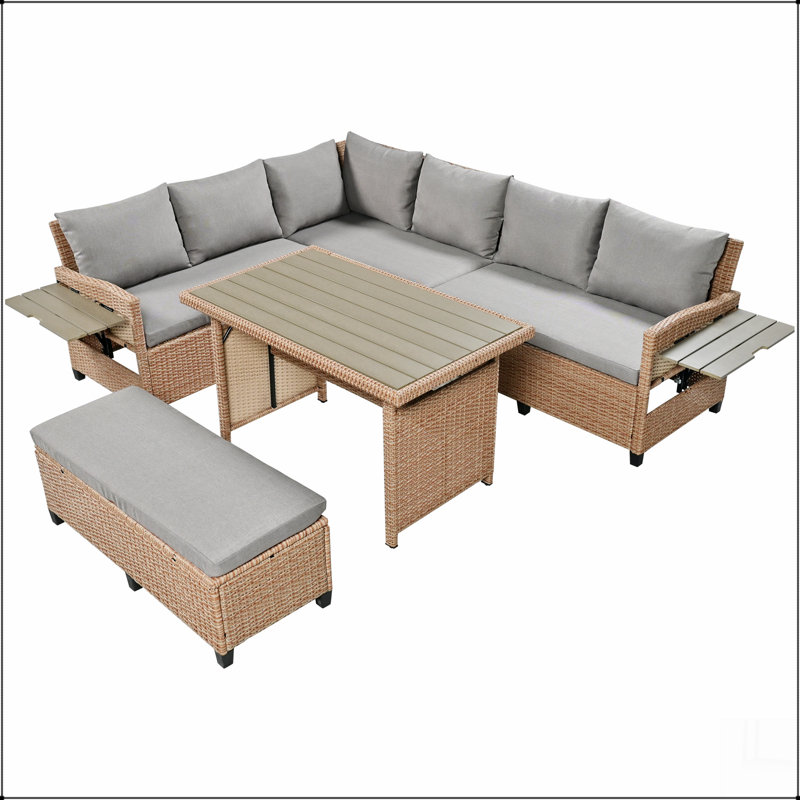 5-Piece Outdoor Patio Rattan Sofa Set, Sectional PE Wicker L-Shaped Garden Furniture Set, Brown, Gray