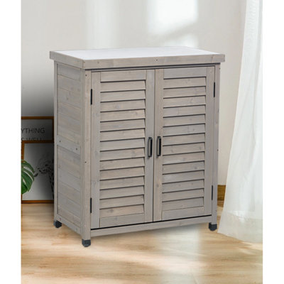 Potting Bench With Storage Cabinet And Metal Table Top For Outdoor Patio, Garden Furniture Wood Workstation Grey 31X17x36''