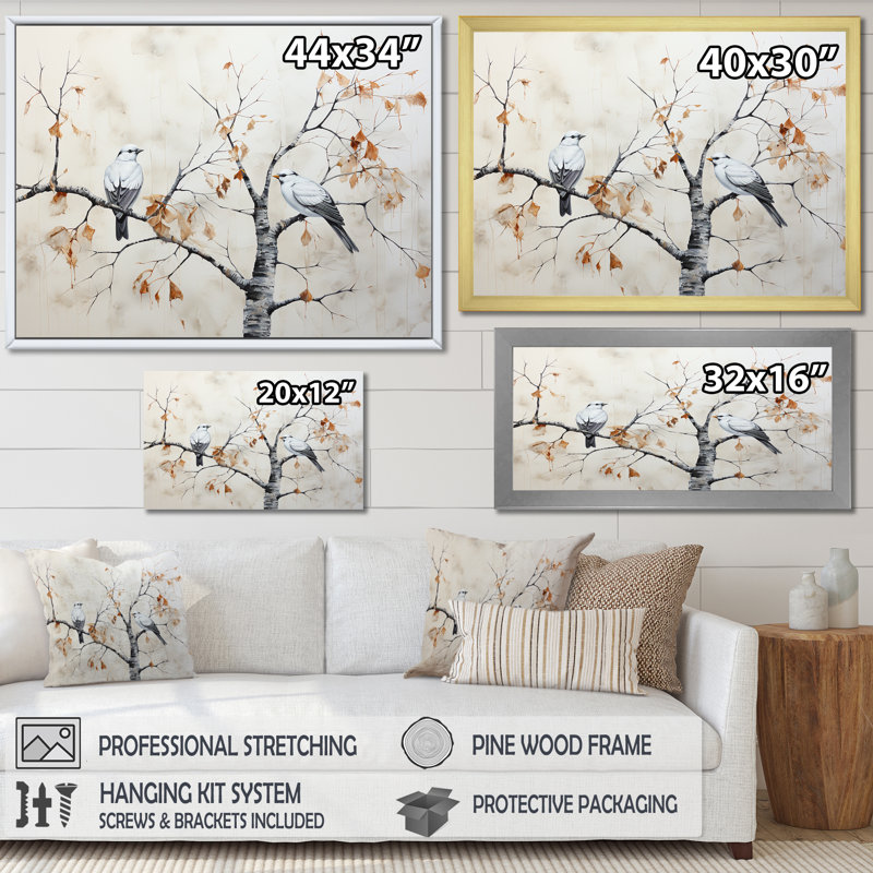Arbre de bouleau avec oiseaux - Minimalisme, H 34 po x l 44 po x P 1,5 po, Toile tendue