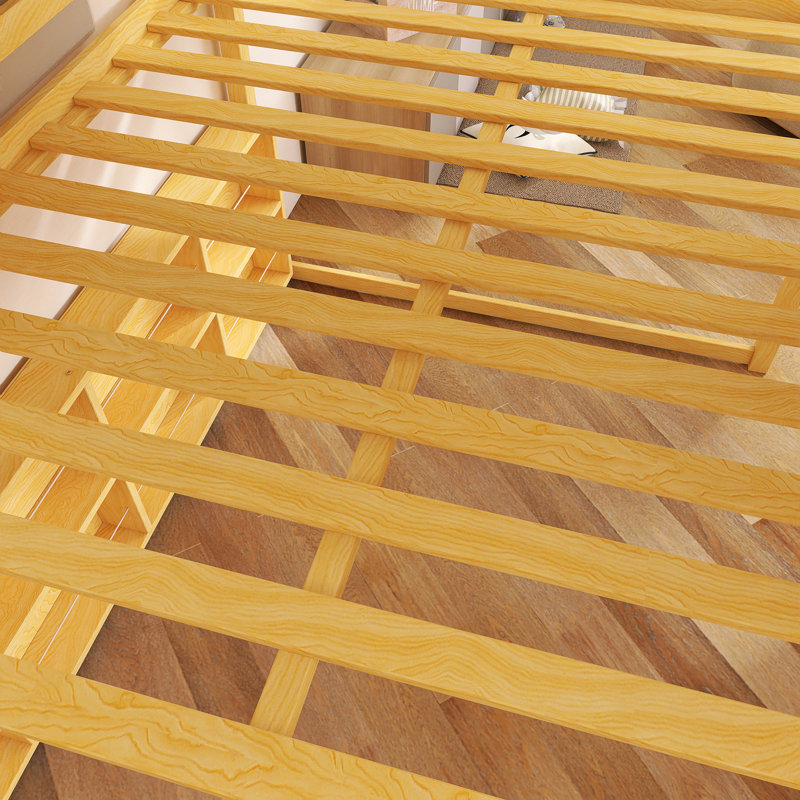 Lit mezzanine double en bois avec tente, Naturel ; beige