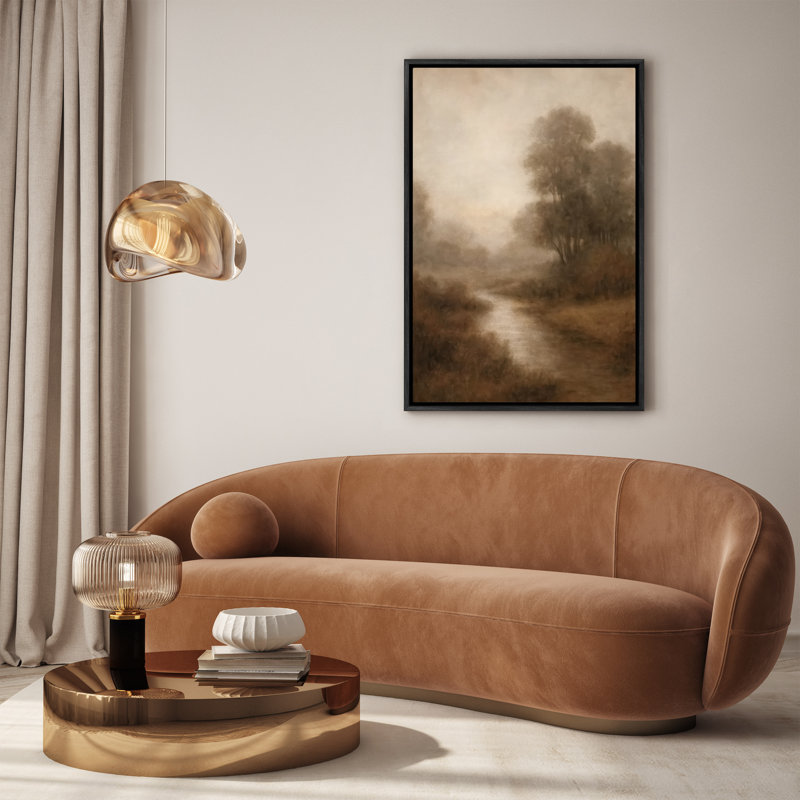 «Soft Misty Riverbank with Autumn Trees», reproduction d'art encadrée, H 36 po x l 24 po, Noir