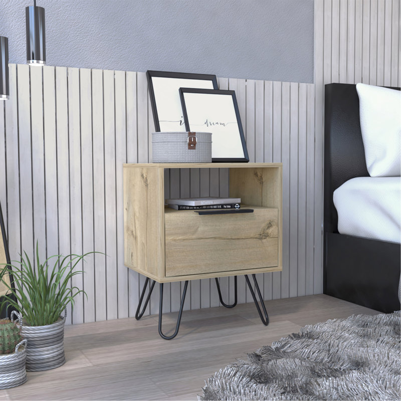 Augusta Nightstand , End Table, Side Table Single Door Cabinet, Hairpin Legs -Light Oak, Beige