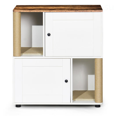 Double Cat Litter Box Enclosure With Shelves, Ideal For 2 Cats, Fits Most Litter Boxes, White And Vintage Design