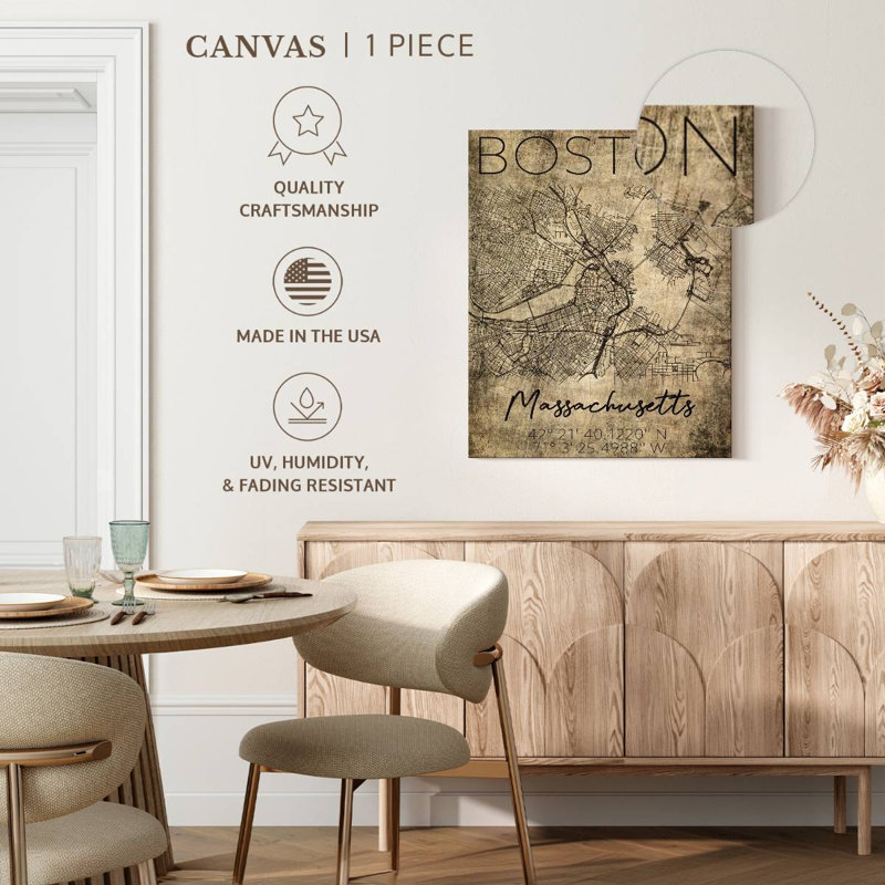 Carte rétro de la ville de Boston sur toile, H 10 po x l 8 po 