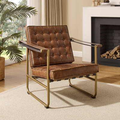 Nydia 32.28'' W32.28'' W Button Tufted Top-Grain Leather Upholstered Accent Armchair