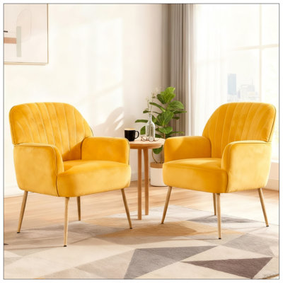 Velvet Accent Chair, Modern Upholstered Living Room Chairs, Luxury Single Sofa Armchair with Metal Legs, Comfy Barrel Chairs for Living Room, Waiting Room, Bedroom, Office and Cafe, Yellow