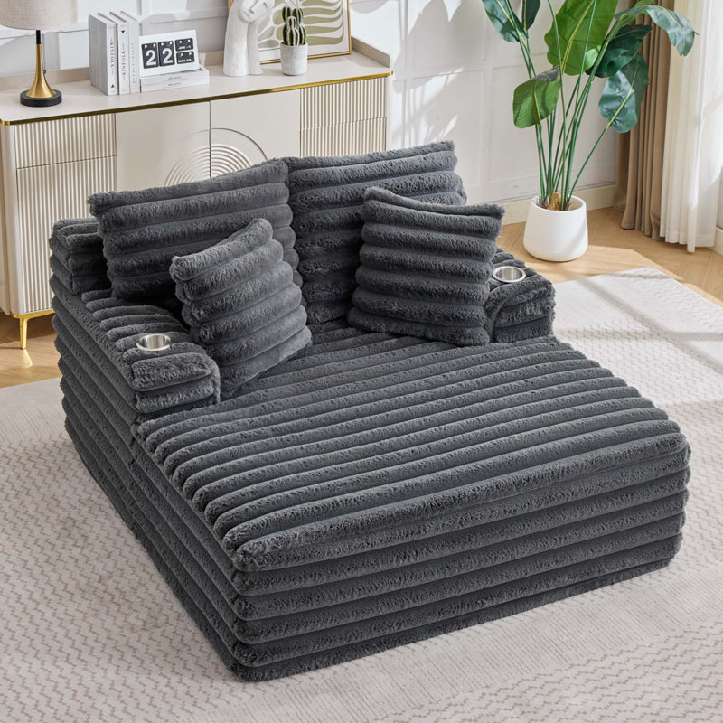 Chaise longue surdimensionnée en velours côtelé avec porte-gobelets et coussins intégrés, Velours côtelé gris