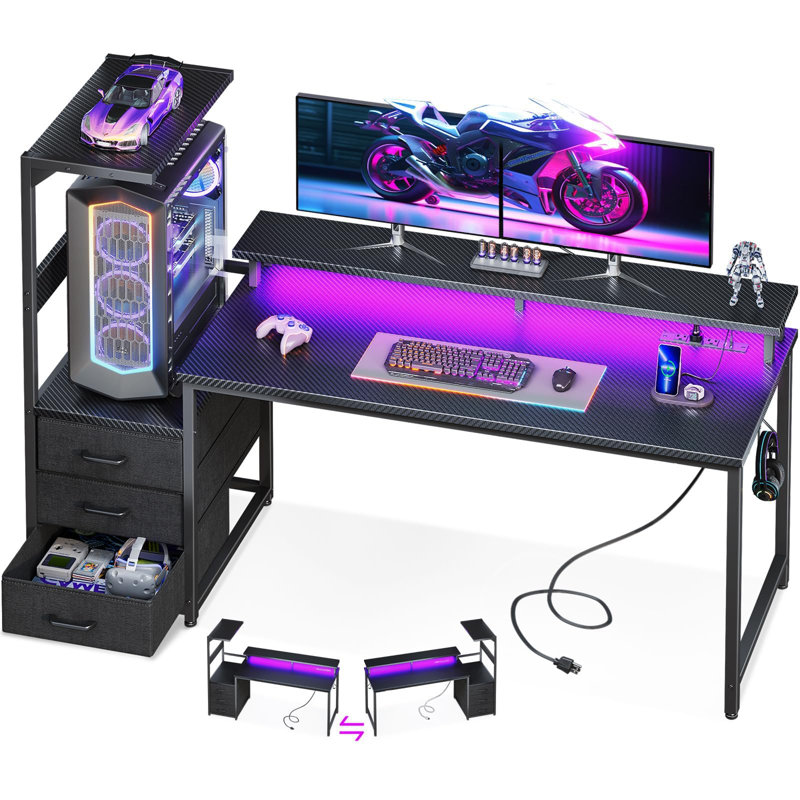 59 Inch Gaming Desk With USB Charging Ports & LED Light- Reversible Computer Desk With Storage Shelves & Monitor Stand, Modern Gamer Desk Table With Fabric Drawers & Side Hook, Carbon Fiber Black