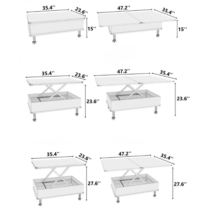 Table basse à plateau relevable avec rangement, Blanc antique