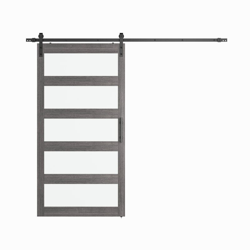 Porte de grange 84 po en bois manufacturé massif peint avec ensemble de quincaillerie d'installation, Gris, 48 po x 84 po