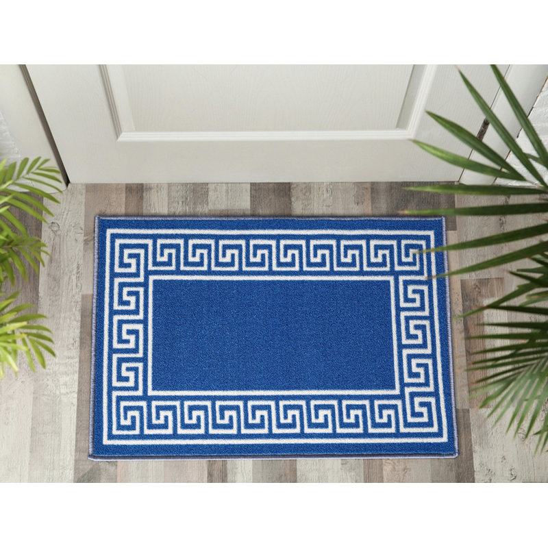 Greek-Key Blue Cream Non-Slip Polypropylene Area Rug — Washable Door Mat & Hallway Runner for Living Room, Kitchen & Bedroom
