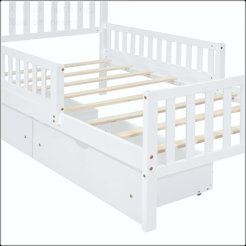 Full Size Wood Platform Bed with Storage Drawers and Safety Guardrails, Twin, White