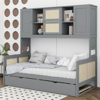 Twin Size Daybed With Twin Size Trundle, Solid Wood Day Bed Frame With All-In-One Cabinet And Shelf For Kids Teens Adults by Lark Manor