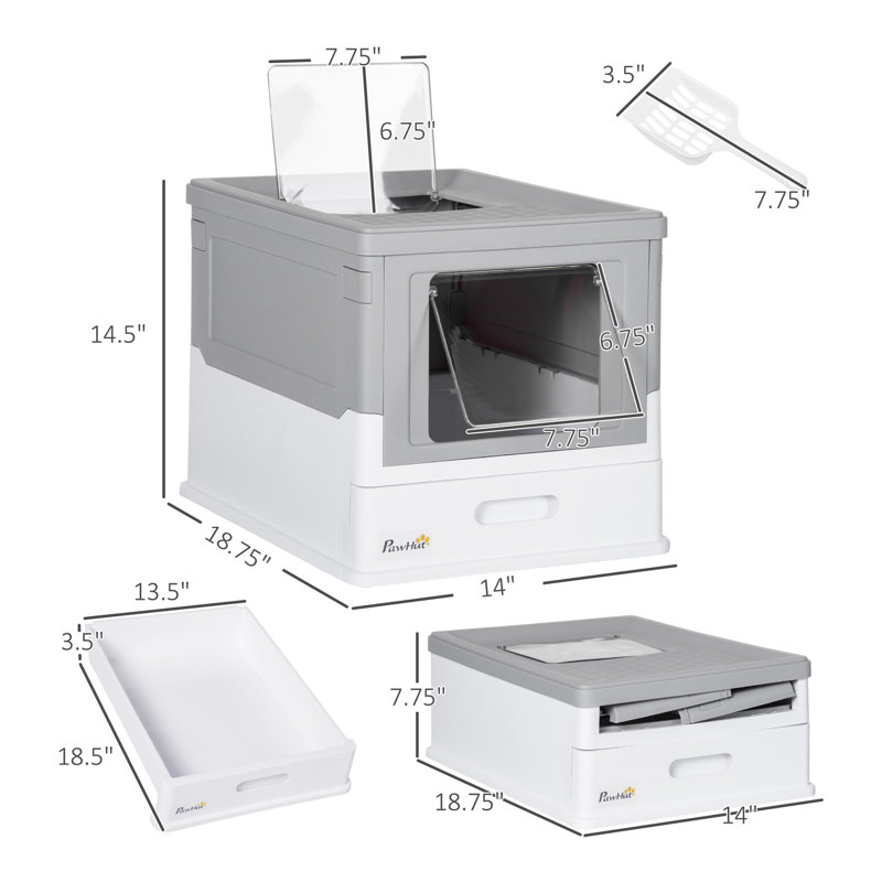 Bac à litière pour chat entièrement fermé avec pelle, litière pour chat à capuche avec plateau à tiroirs, pot pliable pour chat avec entrée frontale, sortie supérieure, toilette portative pour animal de compagnie avec grand espace, gris