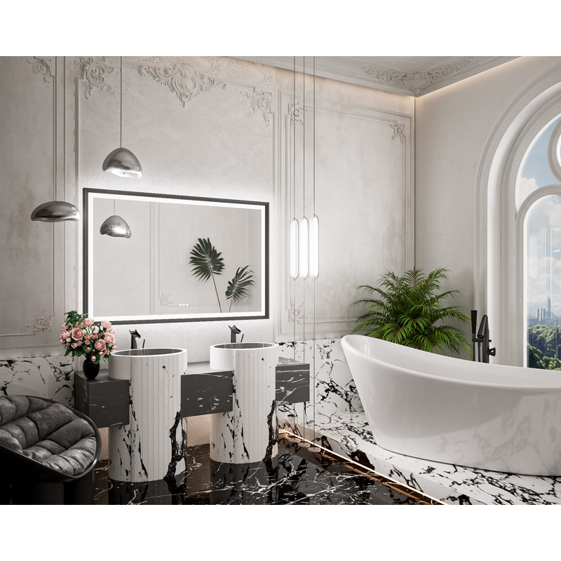 Miroir de salle de bain DEL rétroéclairé New Rockford, 55 po x 36 po, Noir, Rectangulaire