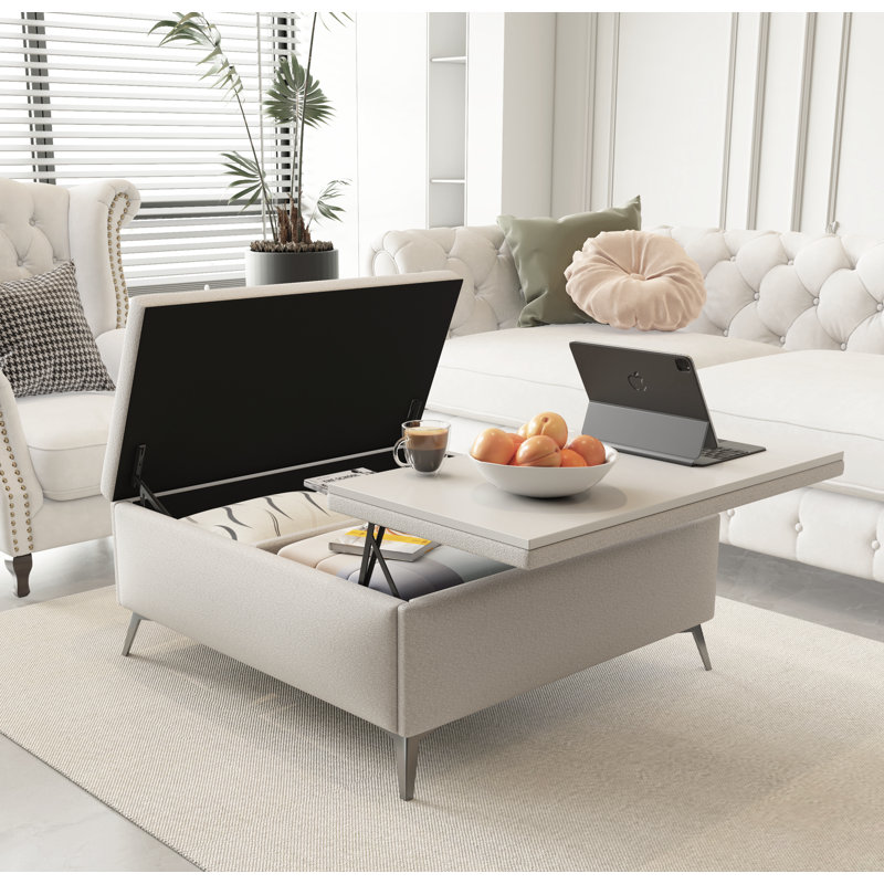 Table basse avec banc de rangement carré de 35 pouces de large avec repose-pieds de rangement surdimensionné, Beige