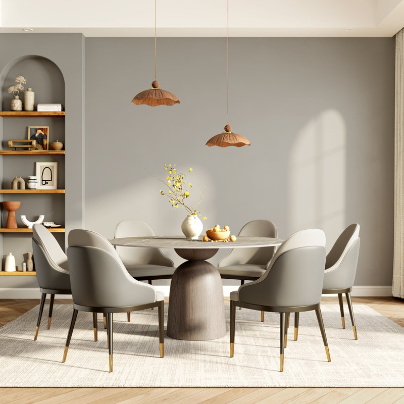 Ensemble de salle à manger 7 pièces 7 pièces en noyer foncé avec plateau gris 59 "et chaises rembourrées