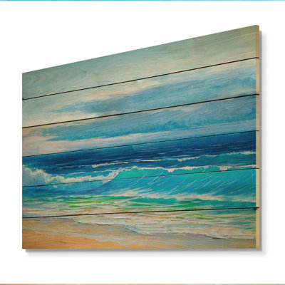 Magnifique coucher de soleil sur l'océan bleu et vagues - Peinture sur bois sans cadre
