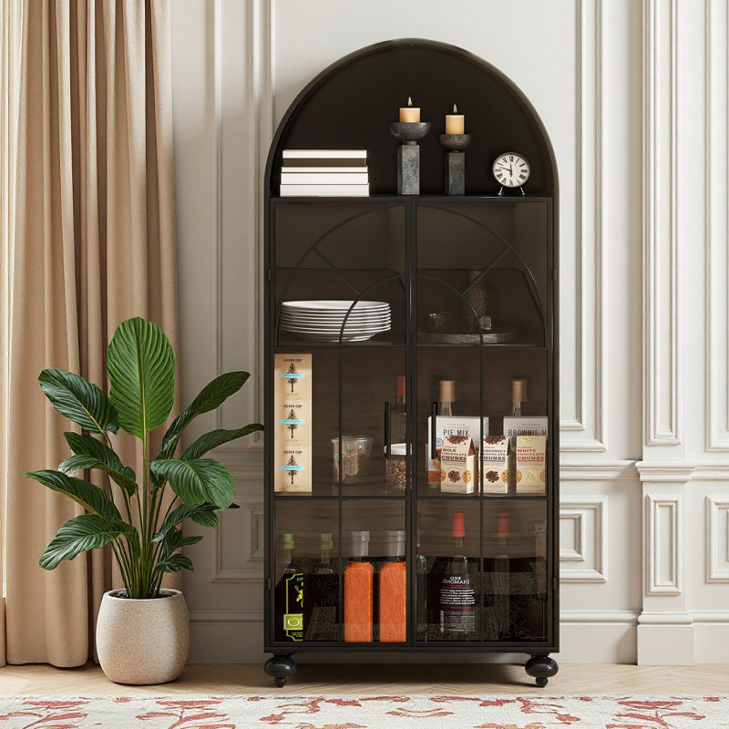 Élégante armoire de rangement arquée moderne avec portes en verre - Élégant garde-manger pour la cuisine, la salle à manger et le salon, noir antique