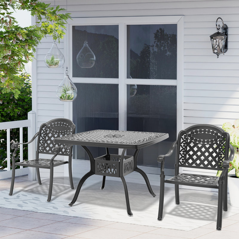 Ensemble de table d'extérieur carré en fonte d'aluminium avec trou pour parasol et coussins de couleur rouge L 39,37 po Shawnita
