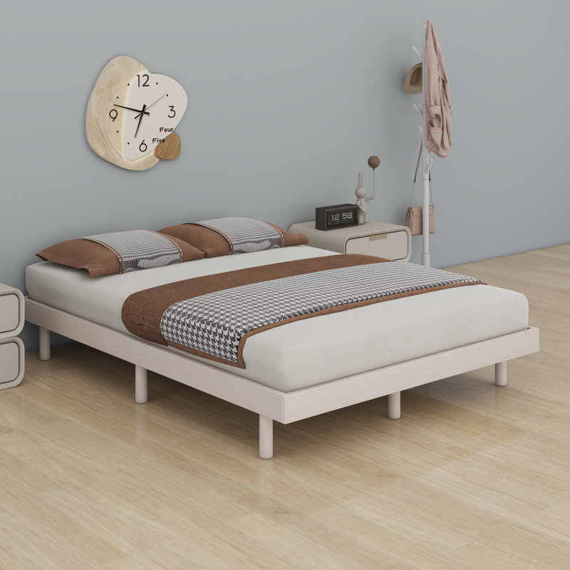 Modern Design Floating Platform Bed Frame, White Washed