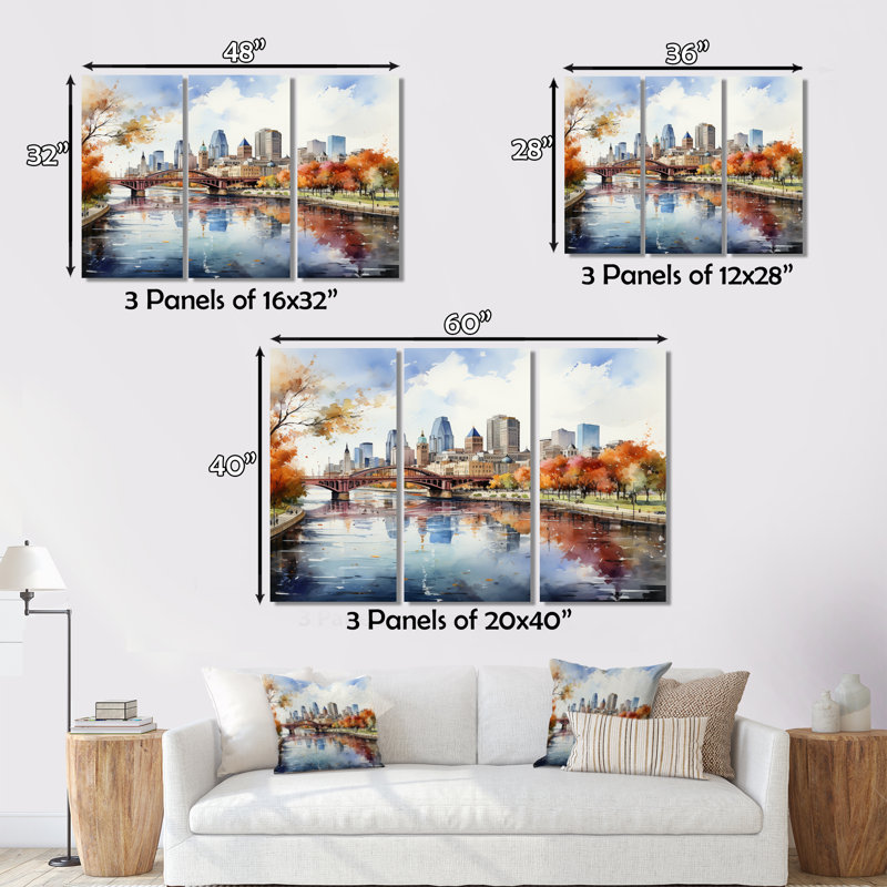«Minneapolis City In Autumn I», reproduction sur toile 3 pièces, H 40 po x l 60 po x P 1 po