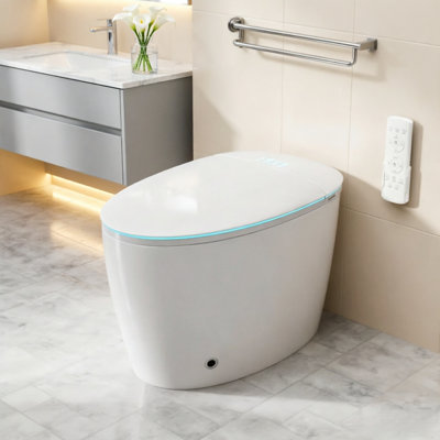 Toilette intelligente avec bidet, bouclier en mousse, couvercle à ouverture / fermeture automatique, chasse d'eau automatique, siège chauffant, laveuse / sécheuse chaude, télécommande, capteur de pied, affichage à DEL, veilleuse pour le confort de l