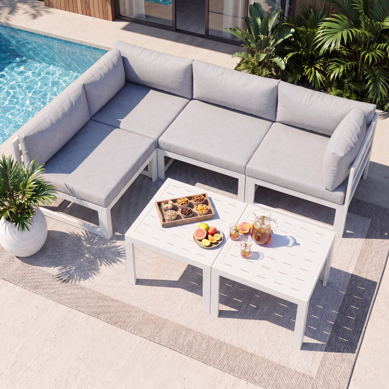 Ensemble de conversation modulaire en aluminium 6 pièces pour 4 personnes avec coussins et 2 tables d'appoint, canapé modulaire d'extérieur en forme de L
