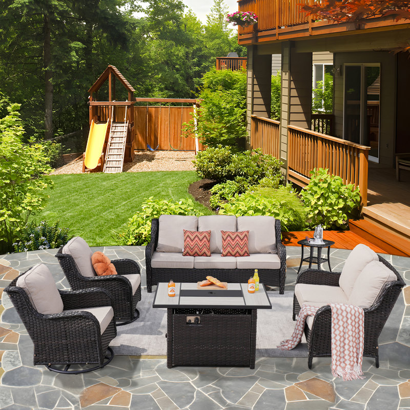 7-Person Outdoor High Back Seating Group With Cushions,Swivel Rockers And Fire Pit,All-Weather Wicker Patio Set, Coffee, Navy