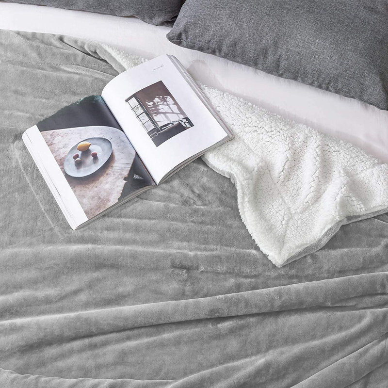 Sherpa Fleece Fur Thick Reversible Blanket Throw, Silver, 200cm x 150cm