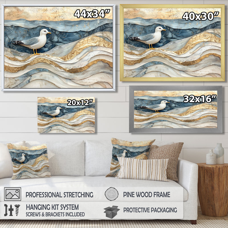 Marbre moderne sur la plage - art mural toile, H 30 po x l 40 po, Reproduction avec cadre flottant, Crème, crème