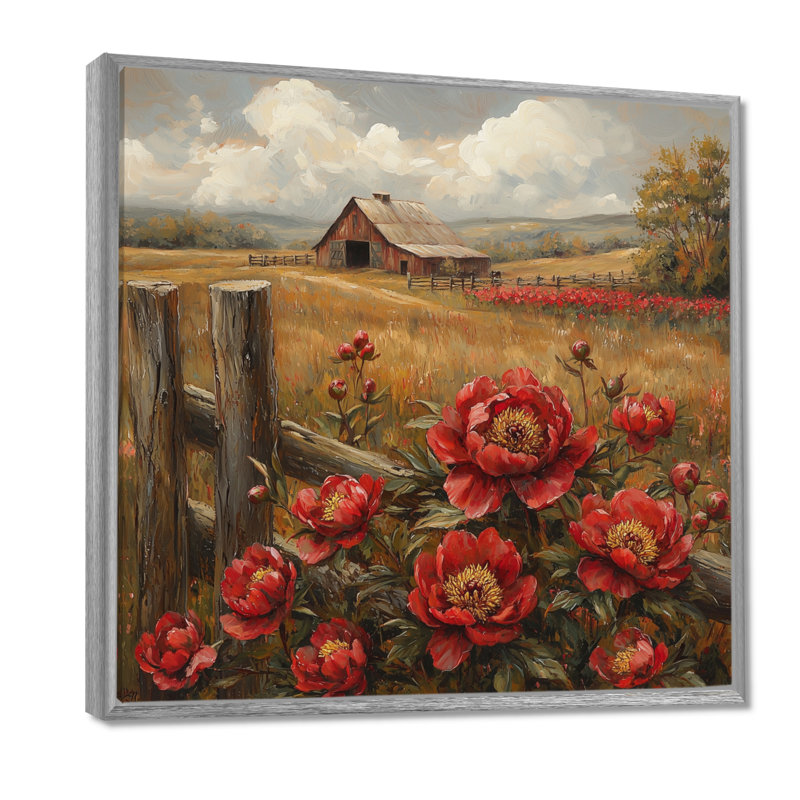 Art mural rétro pour pivoines Crewe par The Barn I - pivoines rouges, H 30 po x l 30 po, Impression encadrée flottante