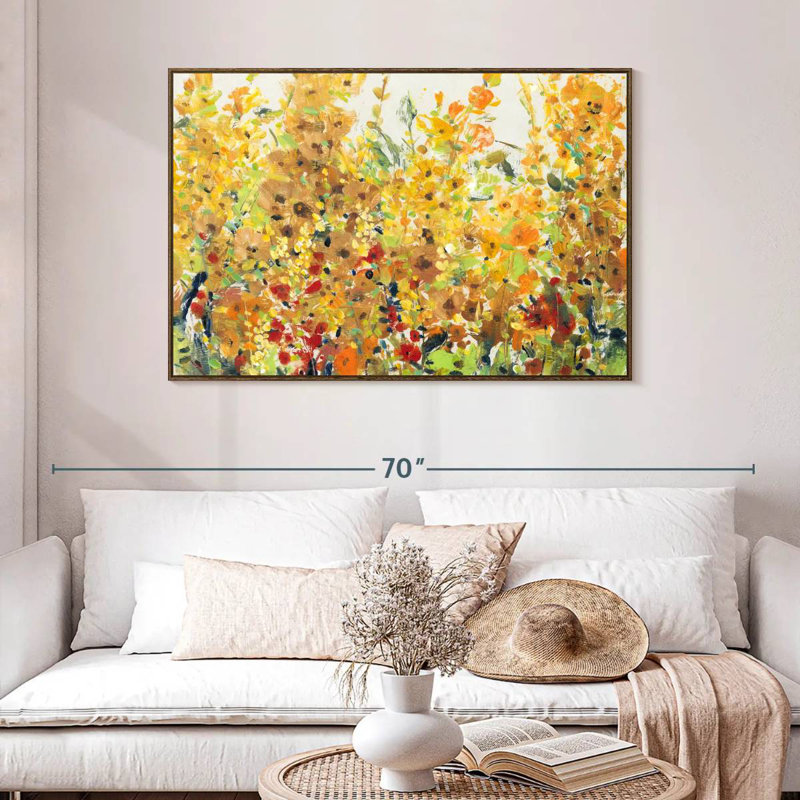 Golden Summer Garden I, 46 po x 31 po, Cadre flottant en noyer