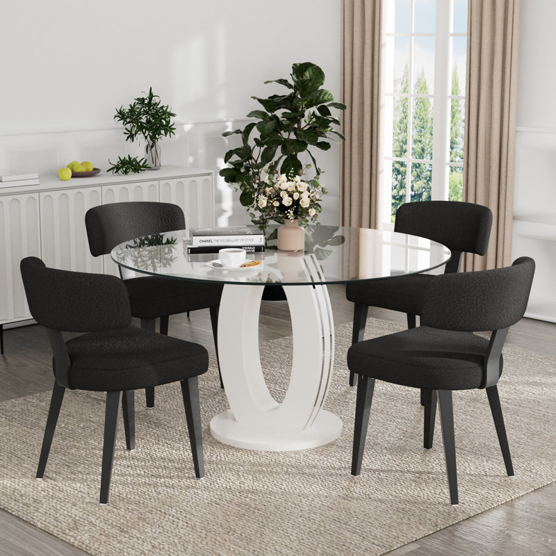 Pedestal Dining Set, 47'' Round Dining Table and Teddy Dining Chairs, White, 5, White/Black