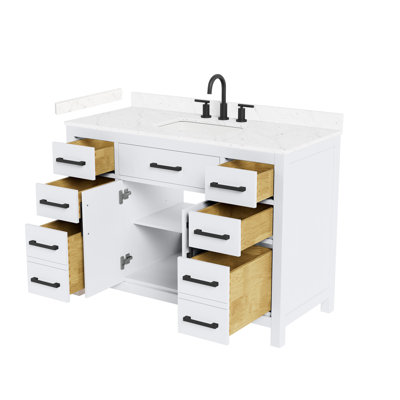 Meuble-lavabo simple 48 po Beckett en noyer foncé, comptoir en marbre de culture de Carrare, lavabo carré encastré (3 trous), garniture noir mat