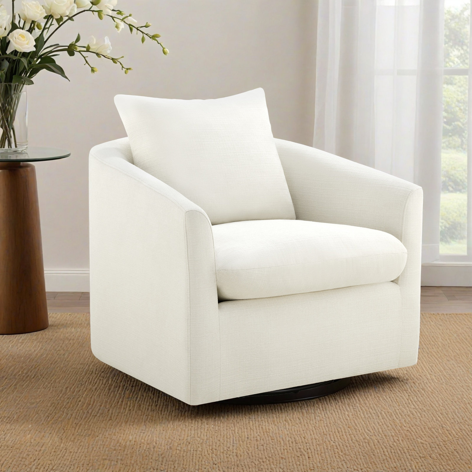 Menta Upholstered Swivel Accent Chair, Flannigan Cotton Tweed